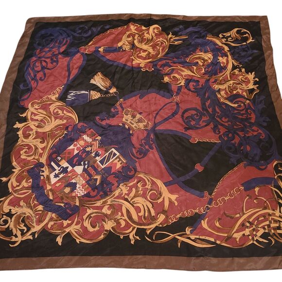 VTG Bill Blass Silk Scarf Black Brown Bordered 31 X 30 Coat Of Arms Regal - Picture 1 of 5